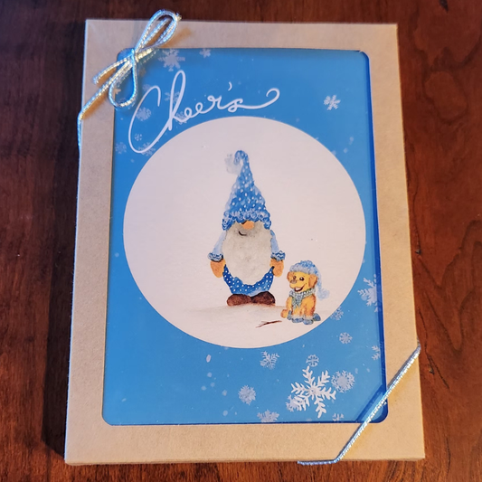 Winter Blue Gnome and his Pupper! Boxed Greeting Cards! 5 - Count